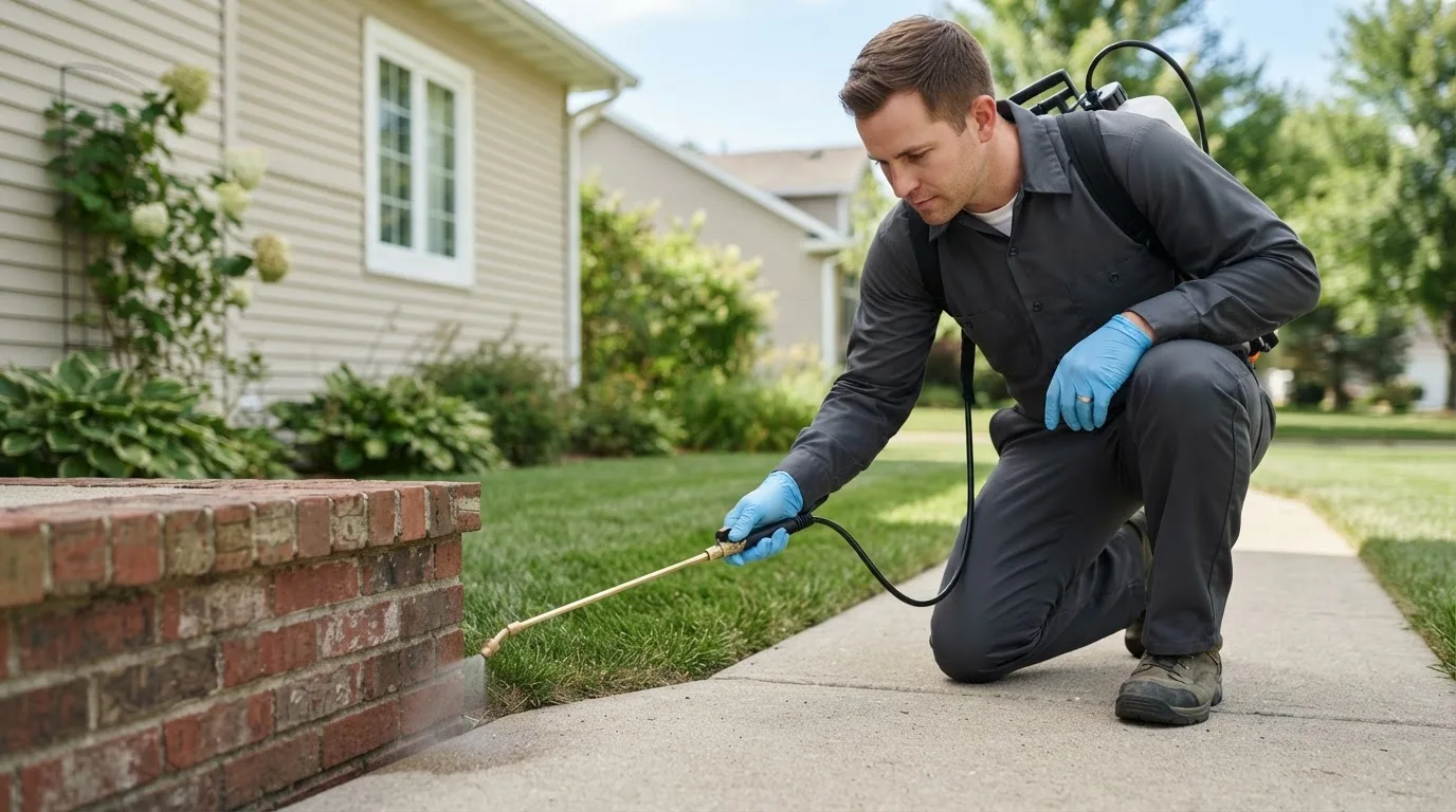 Pest control technician treating a home near Monroe, WI